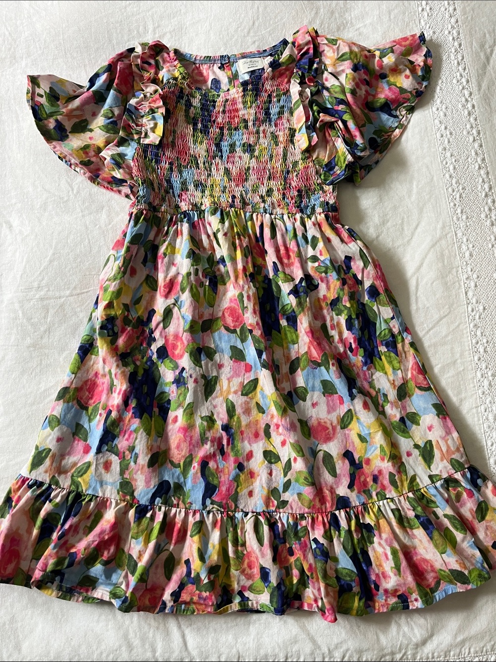 Shop the Mint Girls Floral Smocked Cotton Dress with Flutter Sleeves, Size 10/12